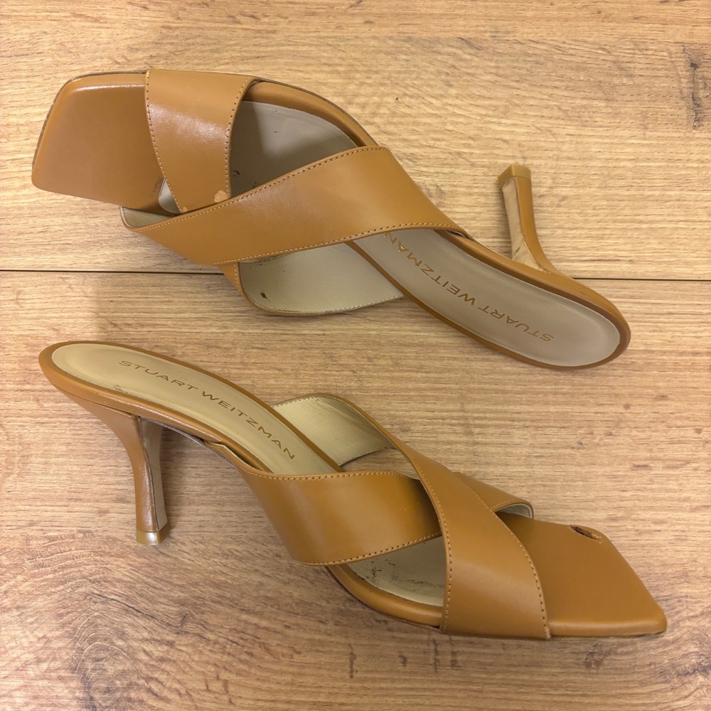 STUART WEITZMAN Dayna Sandal Heels Size 8.5 Macchiato Tan Leather Square Toe - Picture 7 of 11
